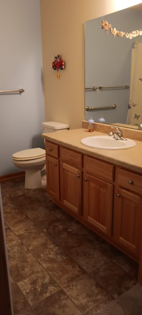 A bathroom with a wooden vanity, a large mirror, and a white sink. There is a toilet next to the vanity, a towel bar on the wall, and a shower curtain with butterfly designs. The floor is tiled with a brown pattern.
